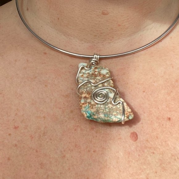 Green Dyed Imperial Jasper (Gemstone) Wire Wrapped Pendant - Picture 2 of 7